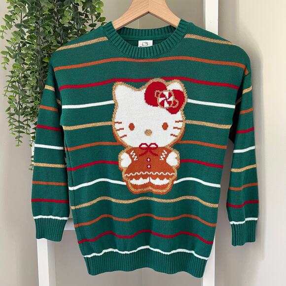 Hello Kitty Gingerbread Man Christmas Holiday Sweater Green Red Girl’s Medium - Picture 1 of 11